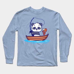 Cute Panda Fishing On Boat Cartoon Long Sleeve T-Shirt